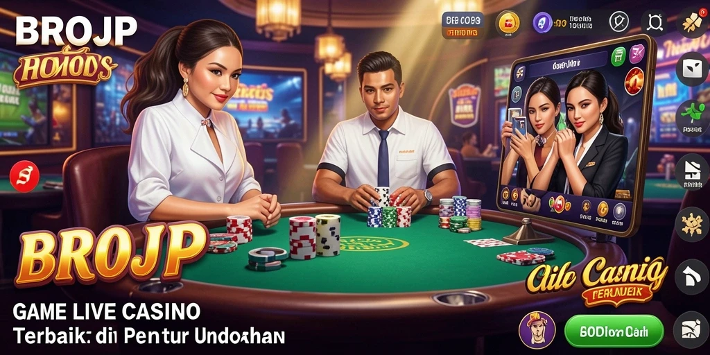 Screenshot utama dari BROJP menunjukkan dealer cantik dan permainan kasino langsung yang mendebarkan.