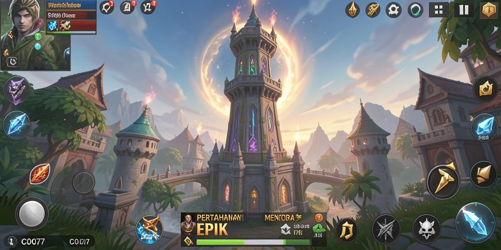 Tampilan gameplay C0077 dengan menara strategi di medan perang.