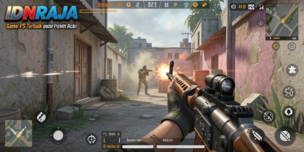 Screenshot utama IDNRAJA menampilkan intensitas pertempuran FPS yang mendebarkan.