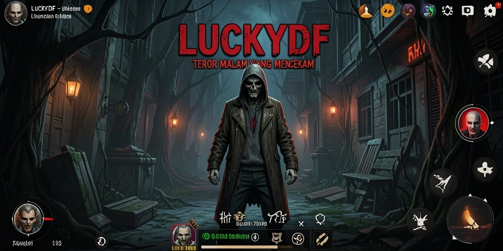 Screenshot gameplay LUCKYDF menampilkan suasana mencekam dan elemen horor.