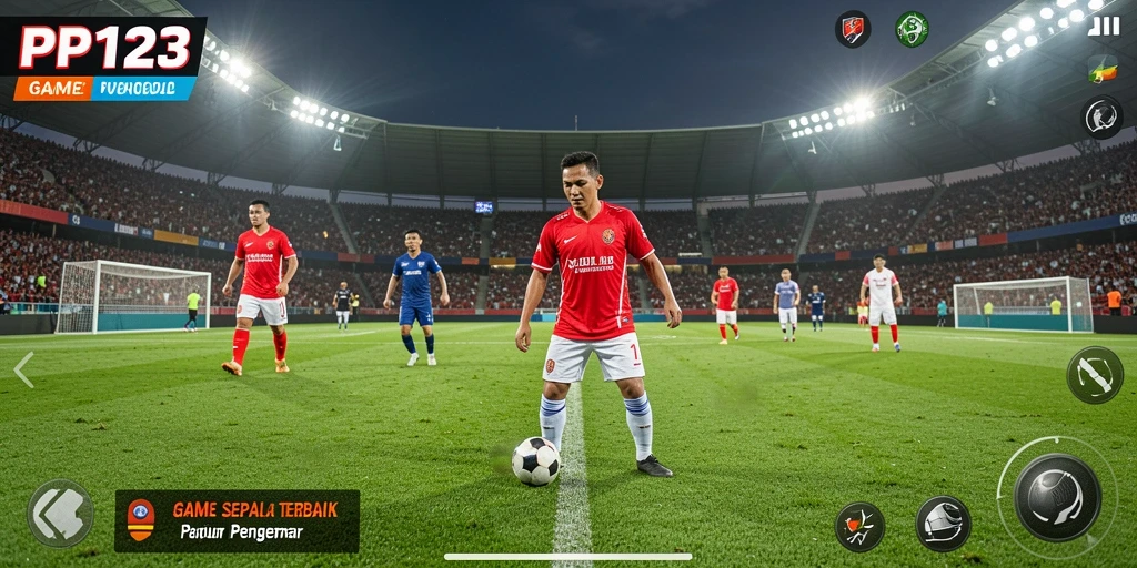 Screenshot utama PP123 menampilkan aksi menegangkan saat pertandingan sepak bola.
