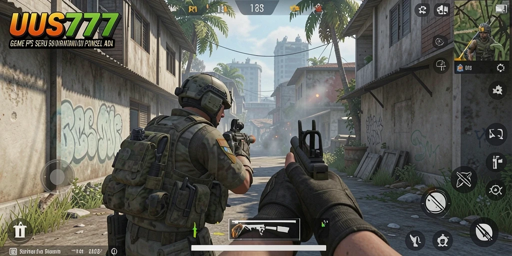 Screenshot UUS777 menampilkan aksi gameplay FPS yang mendebarkan.